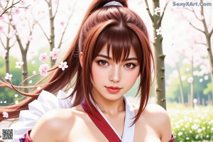 A woman in traditional attire with swords and cherry blossoms.
