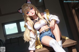 A woman in a bikini with a cat ears on her head.