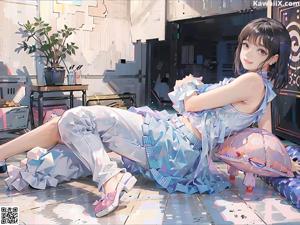 A girl sitting on a bed in a white dress.