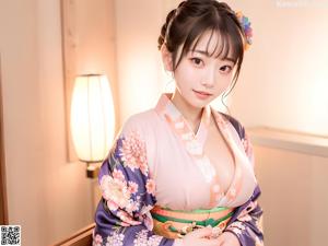 A woman in a kimono sitting on a bed.