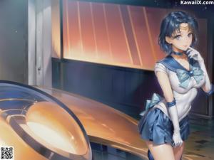 A girl in a sailor outfit sitting on top of a box.