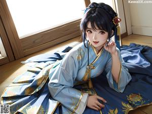 A woman in a kimono sitting on a wooden floor.