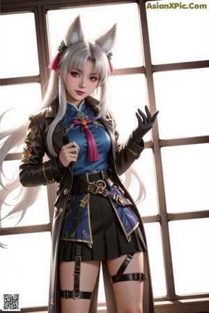 A woman in a white coat and black gloves posing for a picture.
