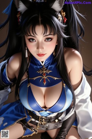 A woman in a blue and white outfit holding a sword.