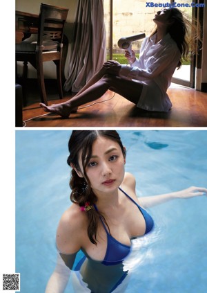 A naked asian woman standing in a swimming pool.