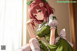 A woman in a green dress and white stockings posing for a picture.