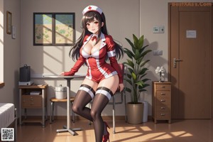 A woman in a nurse outfit sitting on a desk.
