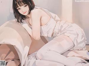 A woman in a white dress sitting on a bed next to a cat.
