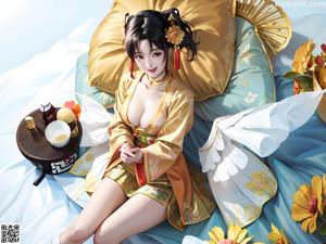 A woman in a blue and white kimono sitting on a chair.