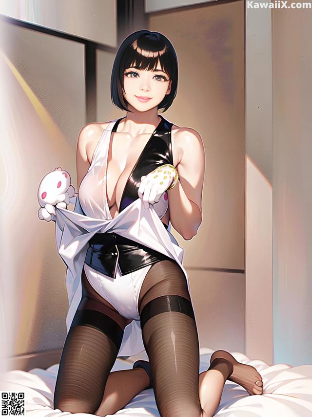 A woman in a white shirt and black stockings holding a stuffed animal.