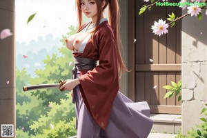 A woman in a white outfit with a purple sash, posing with cherry blossoms in the background.
