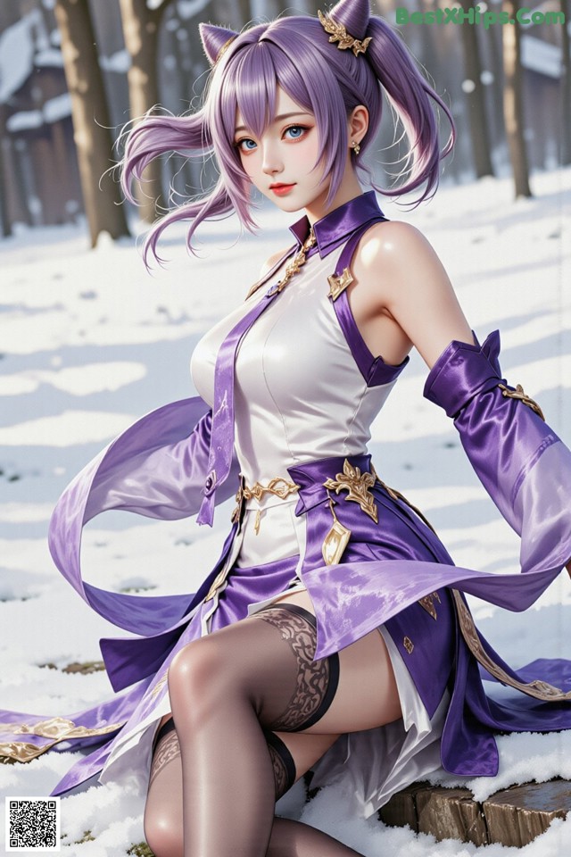 Hentai - Sovereign of Lightning in Exquisite Garb Set.2 20250126 Part 11 No.640eb9 A woman in a purple and white outfit sitting in the snow.