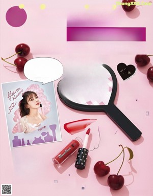 A magazine with a picture of a woman in a red dress.
