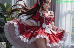 a woman in a red and white dress posing for a picture