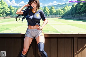 A girl in a soccer uniform standing next to a fence.