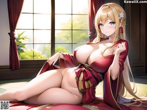 Anime girl with big tits sitting on a bed.