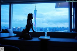 A woman in a black lingerie sitting on a couch.