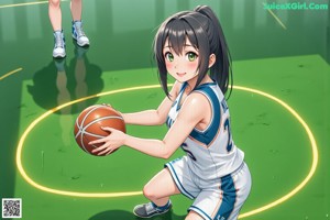 A woman in a red and white uniform holding a basketball.