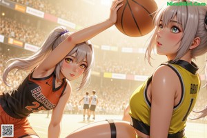 A group of young people playing basketball on a court.