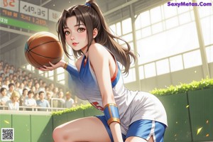 A woman in a blue and yellow uniform holding a basketball.