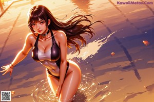 A woman in a black bathing suit standing in a pool.