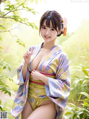 A woman in a blue and pink kimono posing for a picture.