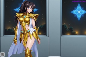 A woman in a gold outfit sitting by a window.