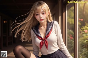 A girl in a school uniform walking down a road.