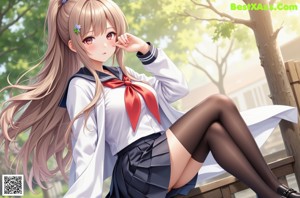 A girl in a school uniform is standing by a window.
