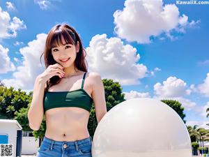 A woman sitting on a bench in front of a bush.