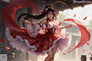 A woman in a red and white dress posing for a picture.