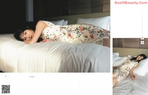 A collage of photos of a woman sitting on a bed.