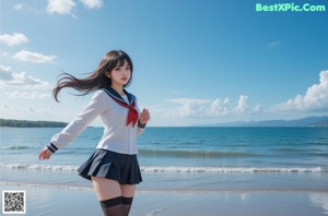 A girl in a school uniform sitting on a ledge.