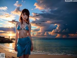 A woman in a red dress sitting on a bed.